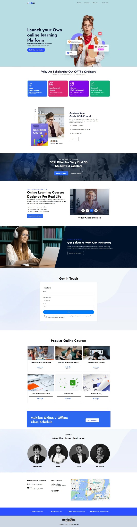 Strona internetowa platformy edukacyjnej z ofertą kursów online, prezentująca grafiki, zdjęcia instruktorów i interfejs wideo zajęć.