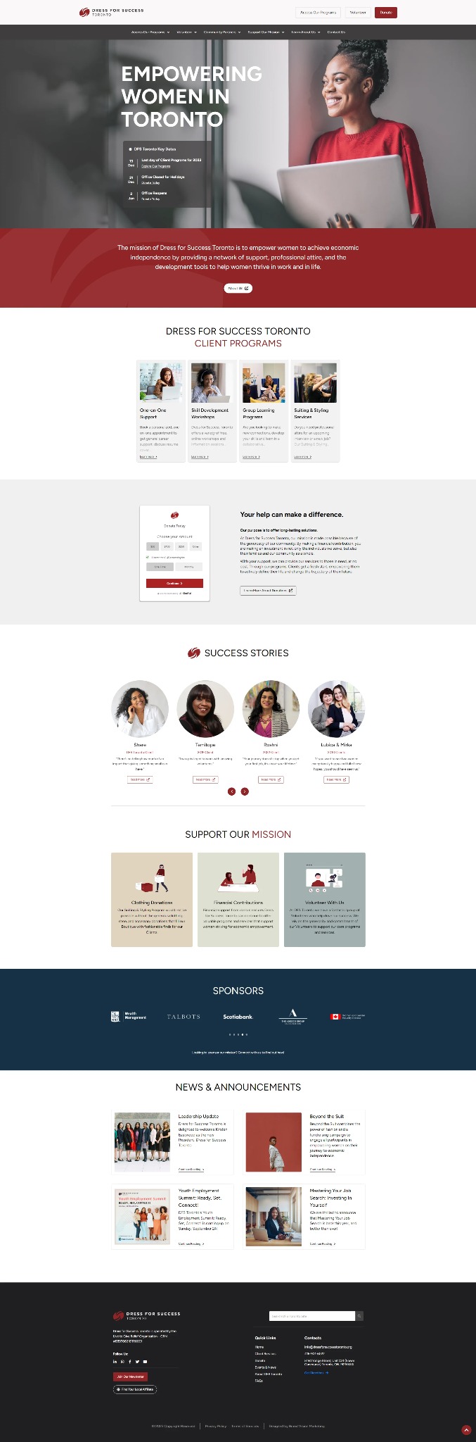 Strona internetowa organizacji Dress for Success Toronto, prezentująca hasło 'Empowering Women in Toronto', z uśmiechniętą kobietą pracującą na laptopie w tle.
