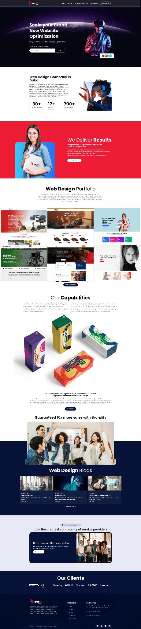 Zrzut ekranu strony internetowej prezentującej portfolio projektów stron internetowych, możliwości oraz blog poświęcony projektowaniu stron internetowych.