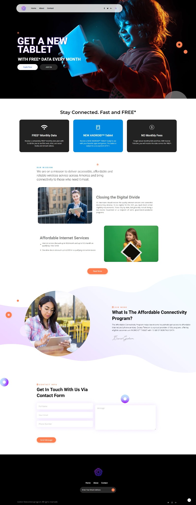 Strona internetowa w Warszawie oferująca nowy tablet z darmowym dostępem do internetu, prezentująca zdjęcia zadowolonych klientów korzystających z tabletów.