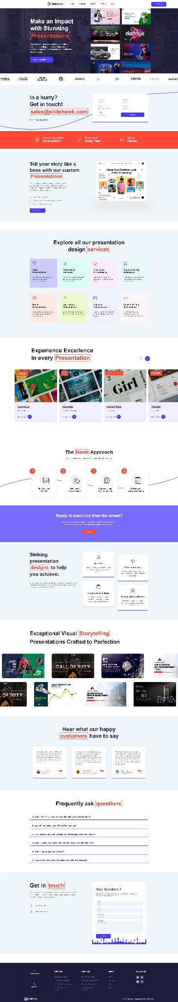 Strona internetowa prezentująca ofertę tworzenia prezentacji multimedialnych, z przykładami slajdów, logotypami klientów i sekcjami opisującymi proces oraz opinie klientów.