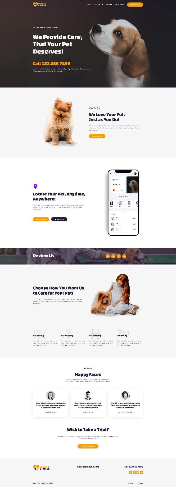 Projekt strony internetowej firmy oferującej usługi dla zwierząt domowych, z sekcjami poświęconymi opiece, lokalizacji, recenzjom i różnym usługom, takim jak petsitting, pet minding, pet training...