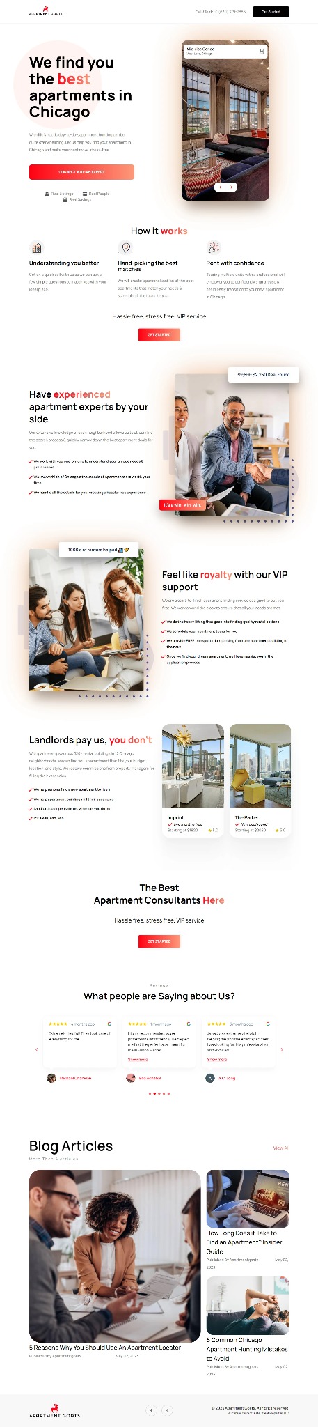 Strona internetowa agencji nieruchomości z ofertami apartamentów w Chicago, prezentująca nowoczesne mieszkania, zadowolonych klientów i artykuły blogowe.