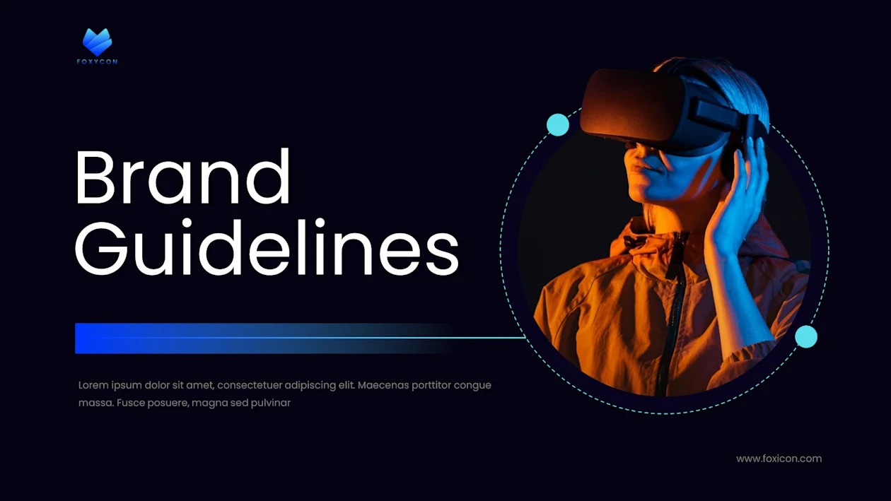 Slajd prezentacji z tekstem 'Brand Guidelines' i kobietą w goglach VR w okręgu, oświetloną niebieskim i pomarańczowym światłem.