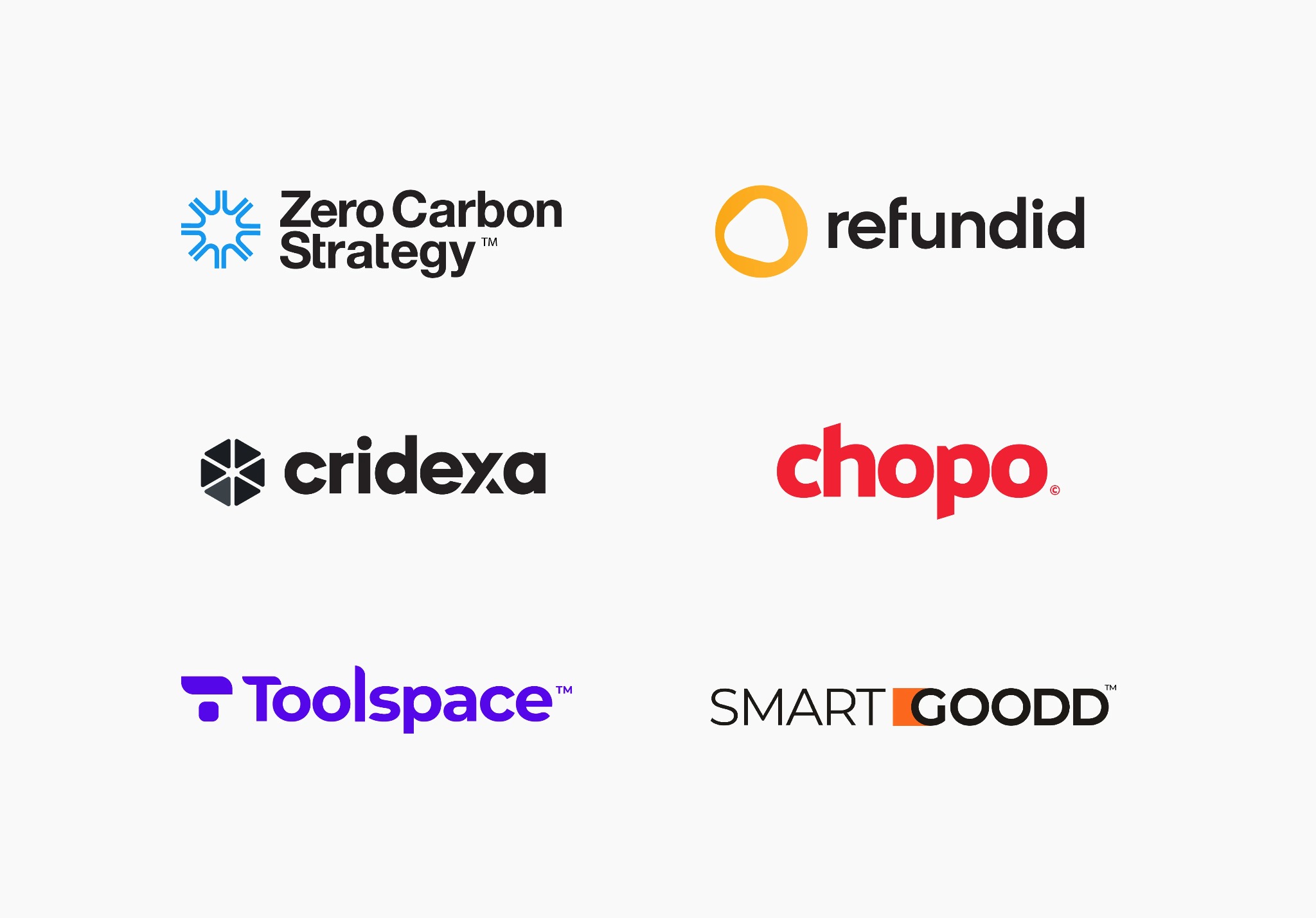 Kompozycja sześciu różnych logo firmowych na białym tle, zróżnicowane kolorystycznie i typograficznie, prezentujące identyfikacje wizualne.