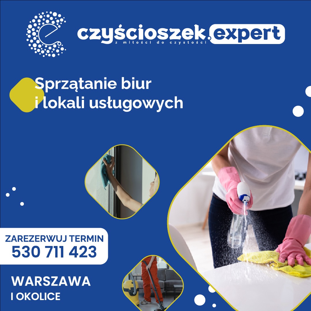 Grafika reklamowa firmy sprzątającej: kobieta w różowych rękawicach spryskuje stół środkiem czyszczącym, w tle mycie okna i odkurzanie podłogi, logo firmy oraz numer telefonu.