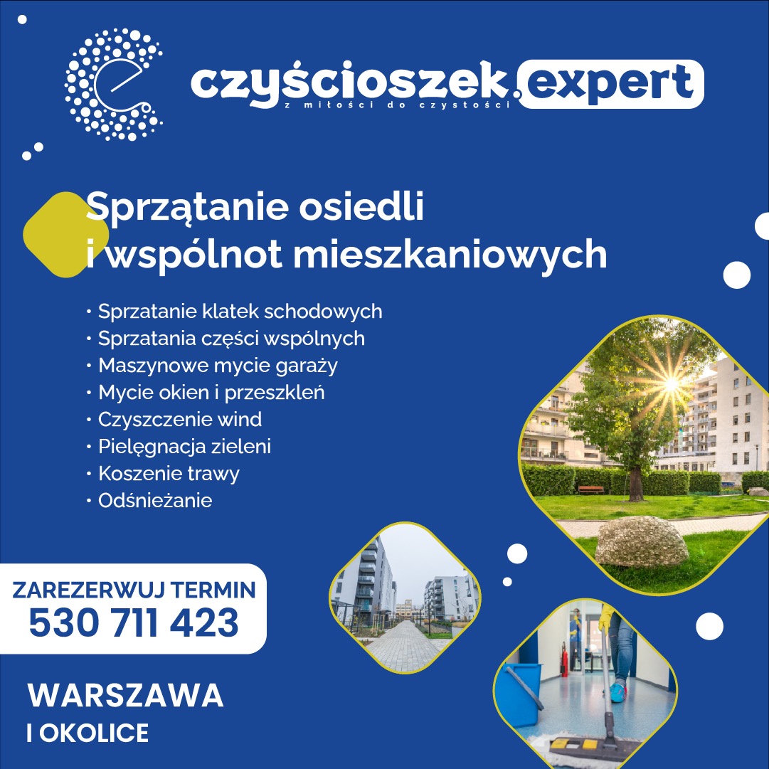 Grafika reklamowa firmy sprzątającej osiedla i wspólnoty mieszkaniowe, oferującej sprzątanie klatek schodowych, części wspólnych, mycie garaży, okien, czyszczenie wind, pielęgnację zieleni...