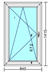 Schemat techniczny okna PCV z wymiarami, widok z przodu, z oznaczeniami długości boków i przekątnych.