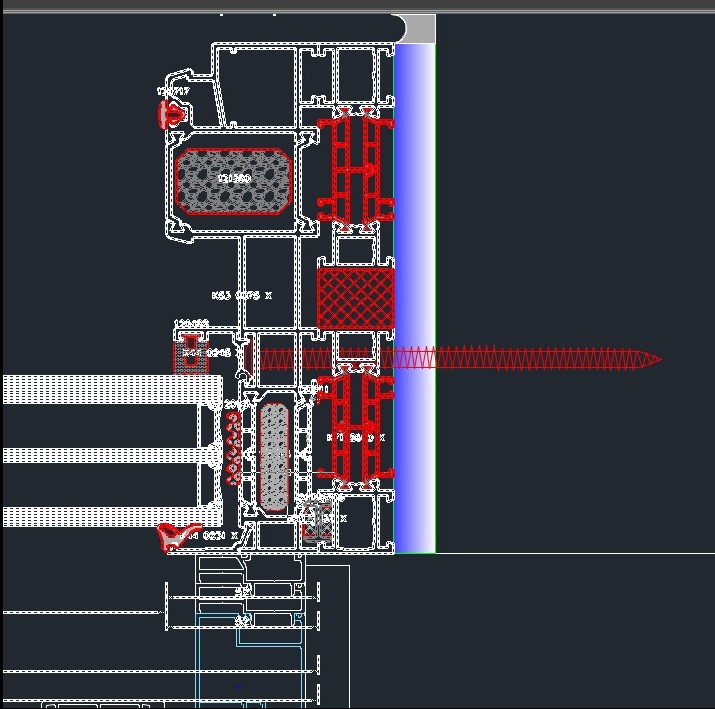 Techniczny rysunek przekroju okna PCV z widocznymi komorami, uszczelkami i profilem ramy na ciemnym tle.