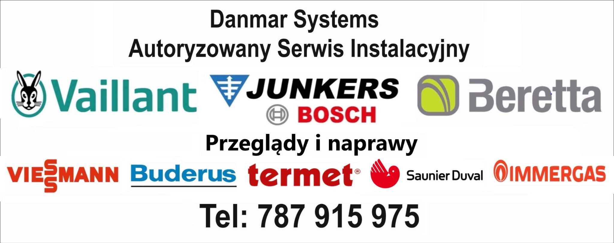 Logotyp firmy Danmar Systems, autoryzowanego serwisu instalacyjnego, prezentujący loga producentów kotłów gazowych Vaillant, Junkers, Bosch, Beretta, Viessmann, Buderus, Termet, Saunier Duval...