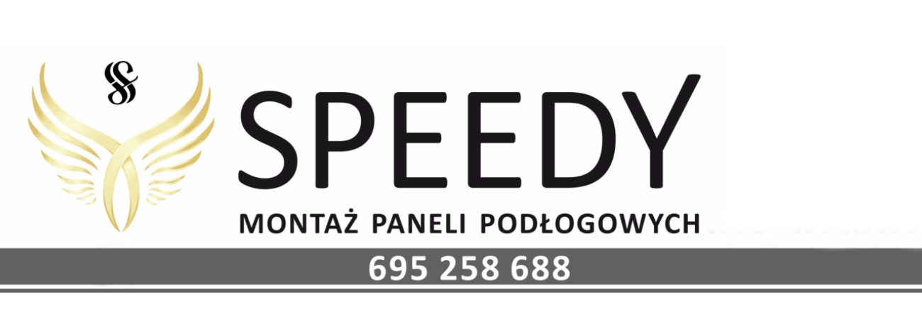 Logo firmy SPEEDY oferującej montaż paneli podłogowych z numerem telefonu i złotym symbolem skrzydeł.