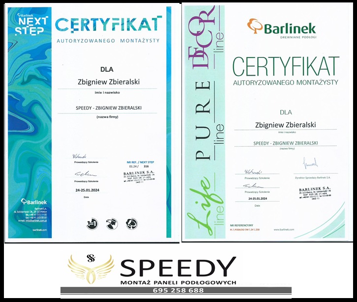 Dwa certyfikaty autoryzowanego montażysty paneli podłogowych firmy Barlinek dla Zbigniewa Zbieralskiego (Speedy), z widocznym logo firmy Speedy montaż paneli podłogowych oraz numerem telefonu.