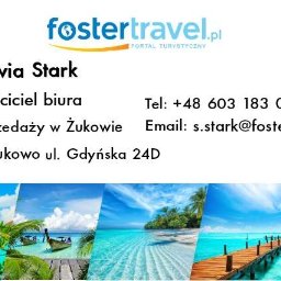Kajot Design Graphic - Wizytówka biura podróży Foster Travel z panoramą tropikalnych plaż i adresami kontaktowymi.