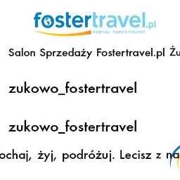 Kajot Design Graphic - Logo firmy turystycznej Foster Travel z ikonami mediów społecznościowych Facebook, Instagram i TikTok oraz hasłem 'Kochaj, żyj, podróżuj. Lecisz z nami ?' i sylwetką samolotu