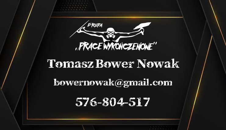 Wizytówka firmy z logo przedstawiającym postać w masce gazowej z narzędziami, na czarnym tle z geometrycznymi zdobieniami.