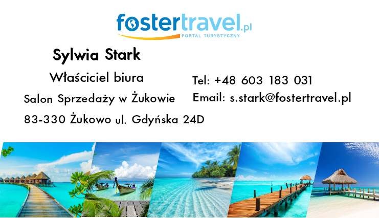 Wizytówka biura podróży Foster Travel z panoramą tropikalnych plaż i adresami kontaktowymi.