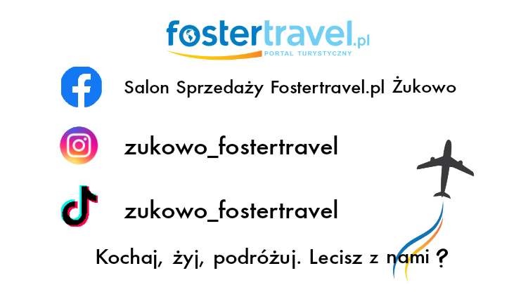 Logo firmy turystycznej Foster Travel z ikonami mediów społecznościowych Facebook, Instagram i TikTok oraz hasłem 'Kochaj, żyj, podróżuj. Lecisz z nami ?' i sylwetką samolotu