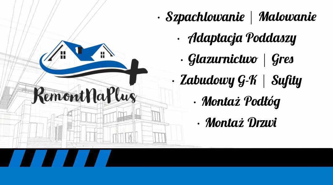 Logo firmy remontowej RemontNaPlus z motywem domu i spisem usług: szpachlowanie, malowanie, adaptacja poddaszy, glazurnictwo, zabudowy G-K, montaż podłóg i drzwi.