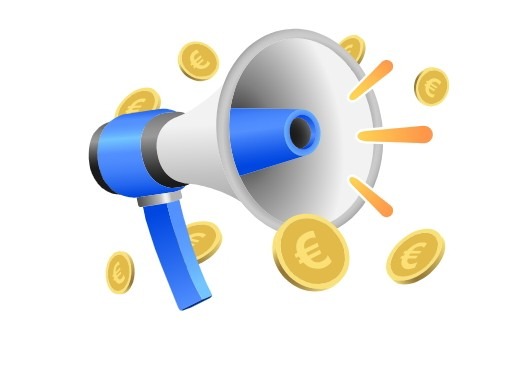 Animowany megafon w kolorach niebieskim i białym otoczony złotymi monetami z symbolem euro, sugerujący promocję finansową.