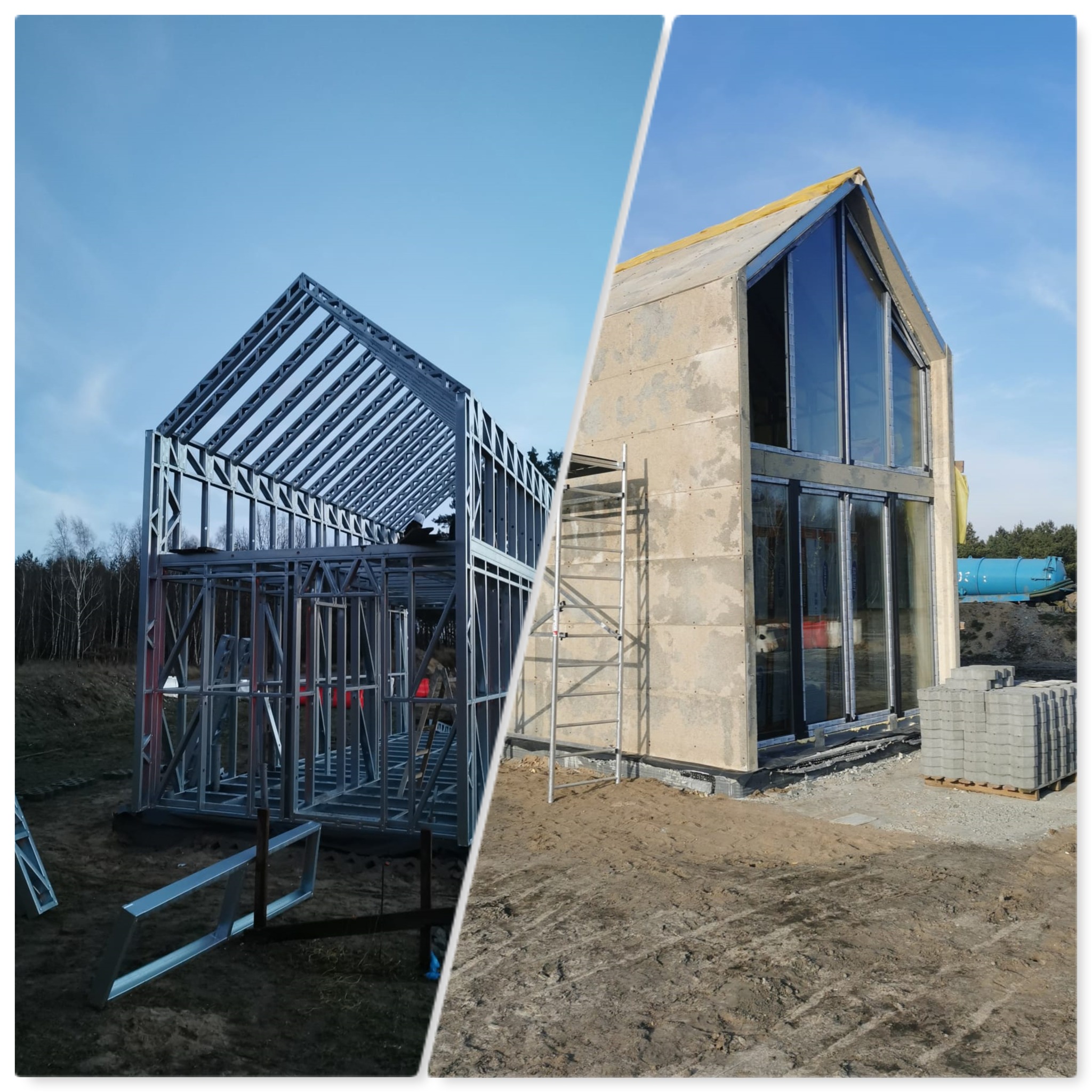 Porównanie dwóch etapów budowy domu: szkielet stalowy po lewej stronie i budynek w stanie surowym zamkniętym po prawej, z widocznymi oknami, drzwiami przesuwnymi i rusztowaniem.
