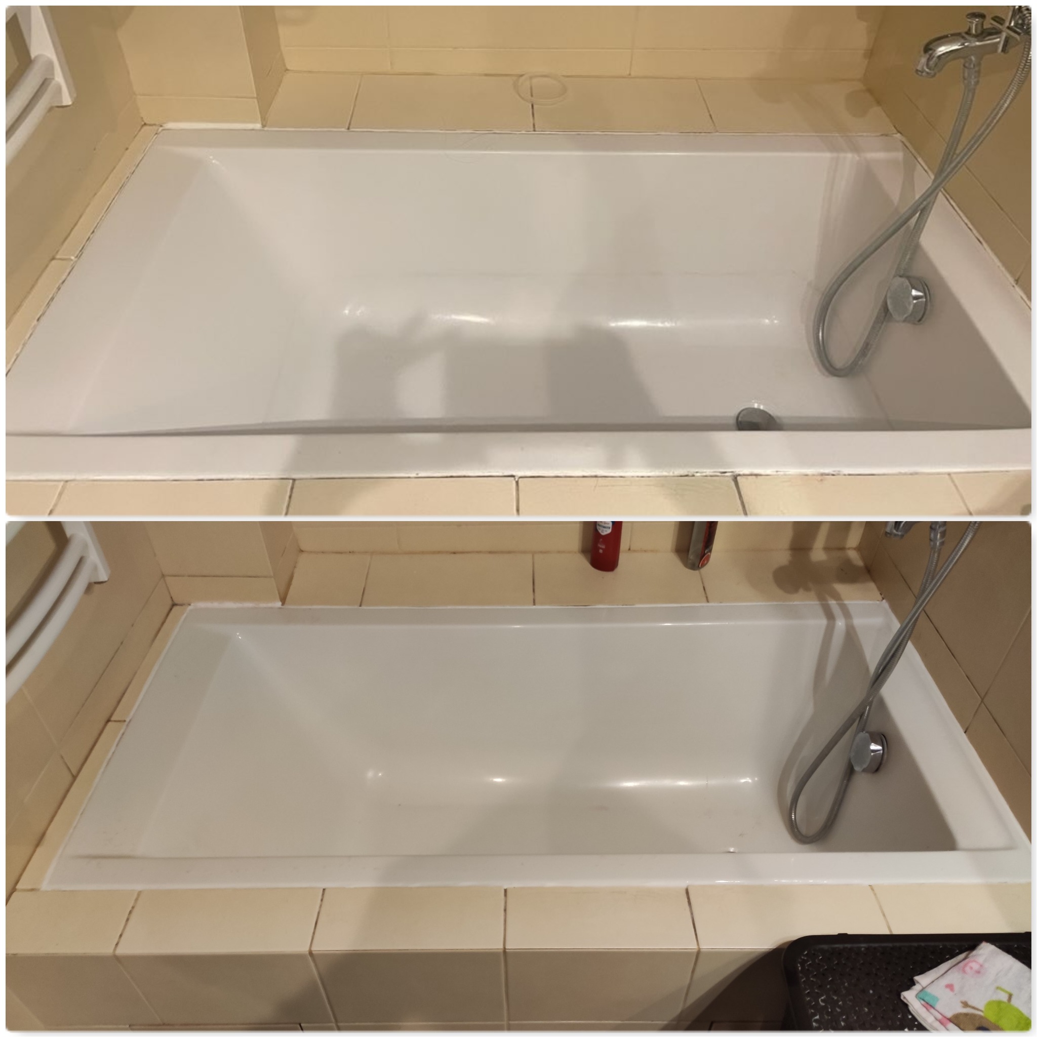 Dwie fotografie przedstawiające wannę przed i po czyszczeniu fug, widoczne różnice w czystości i wyglądzie spoin między płytkami.