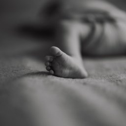Natalia Kożuch fotografia - Mała stopa noworodka, delikatne paluszki na miękkim tle w czerni i bieli, głębia ostrości skupiona na szczegółach skóry.