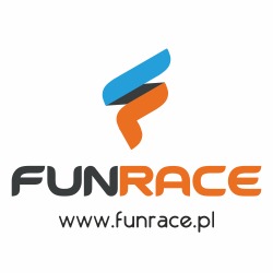 Logo firmy FunRace z niebiesko-pomarańczowym symbolem graficznym powyżej nazwy i adresem strony internetowej poniżej.