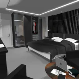 Wizualizacja sypialni w odcieniach szarości z łóżkiem, szafą przesuwną, biurkiem z planami i rośliną doniczkową, oświetlona ledowym światłem.