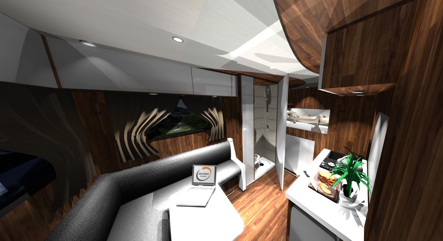 Wizualizacja wnętrza kampera z drewnianymi panelami, szarą tapicerką, aneksem kuchennym z rośliną doniczkową, łazienką z prysznicem i toaletą oraz oknem z widokiem na góry.