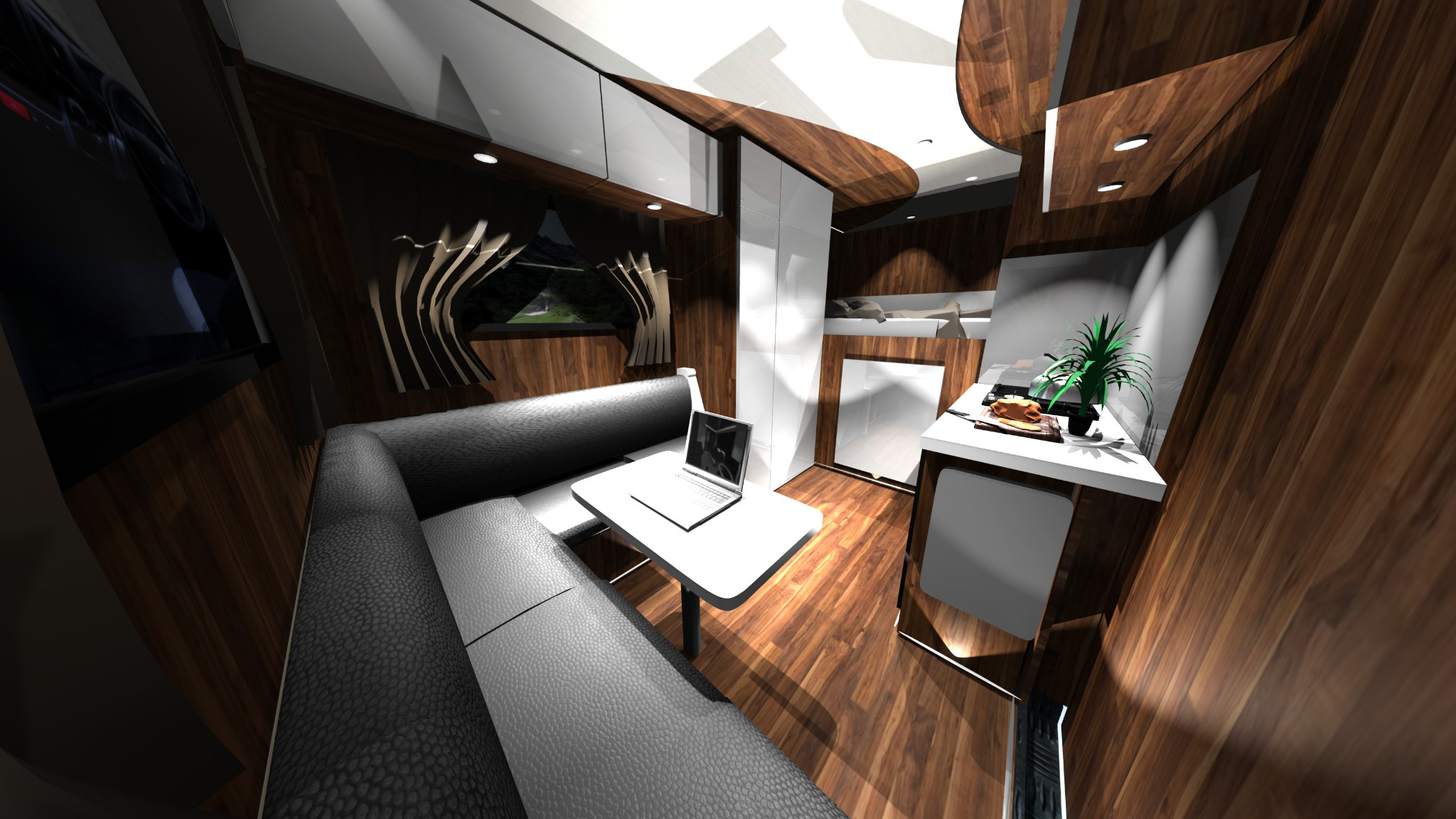 Wnętrze nowoczesnej kuchni z drewnianymi akcentami, narożną sofą z szarej skóry, białym stołem z laptopem, wiszącymi szafkami i dekoracyjnym oświetleniem.