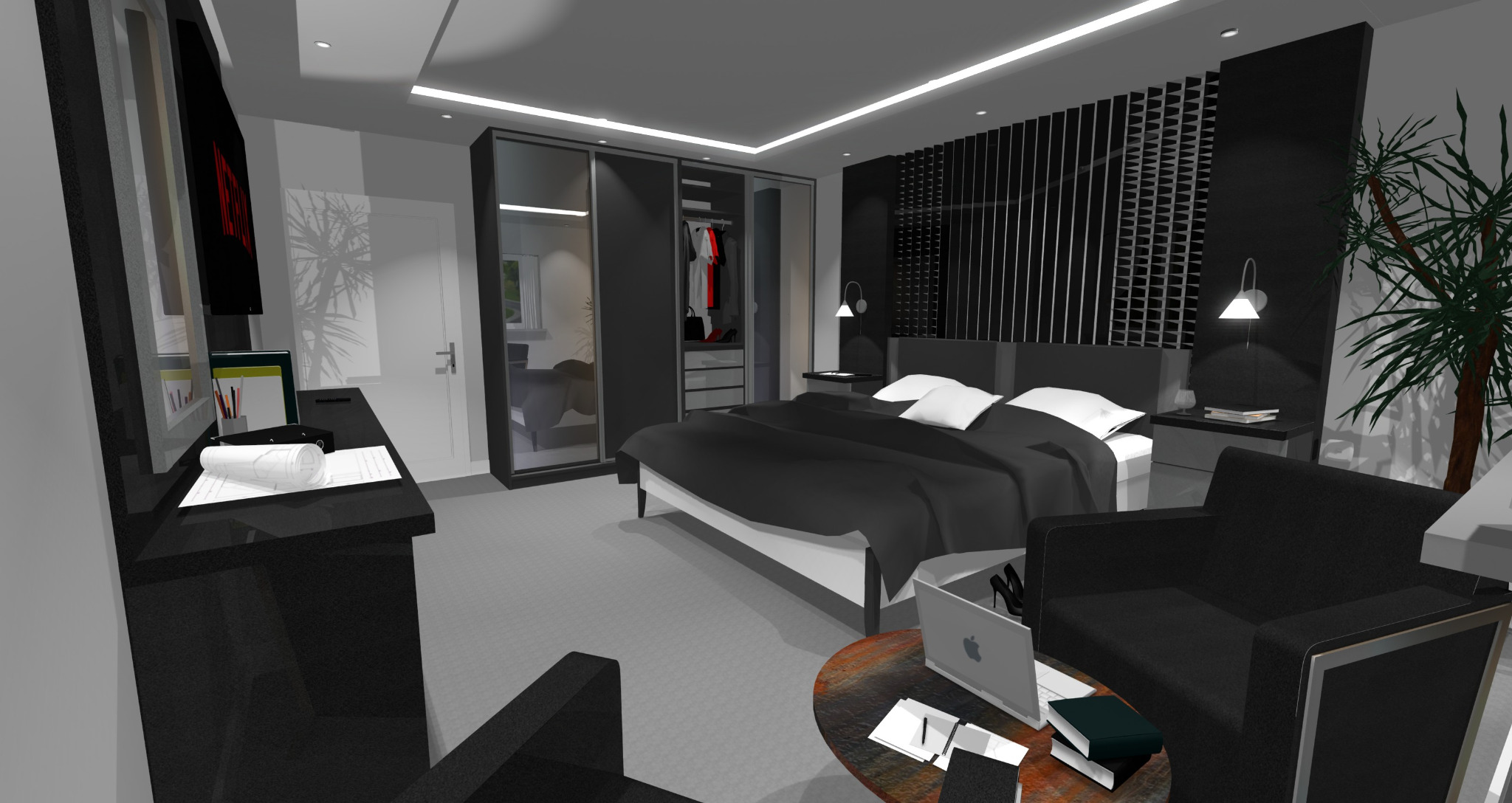 Wizualizacja sypialni w odcieniach szarości z łóżkiem, szafą przesuwną, biurkiem z planami i rośliną doniczkową, oświetlona ledowym światłem.
