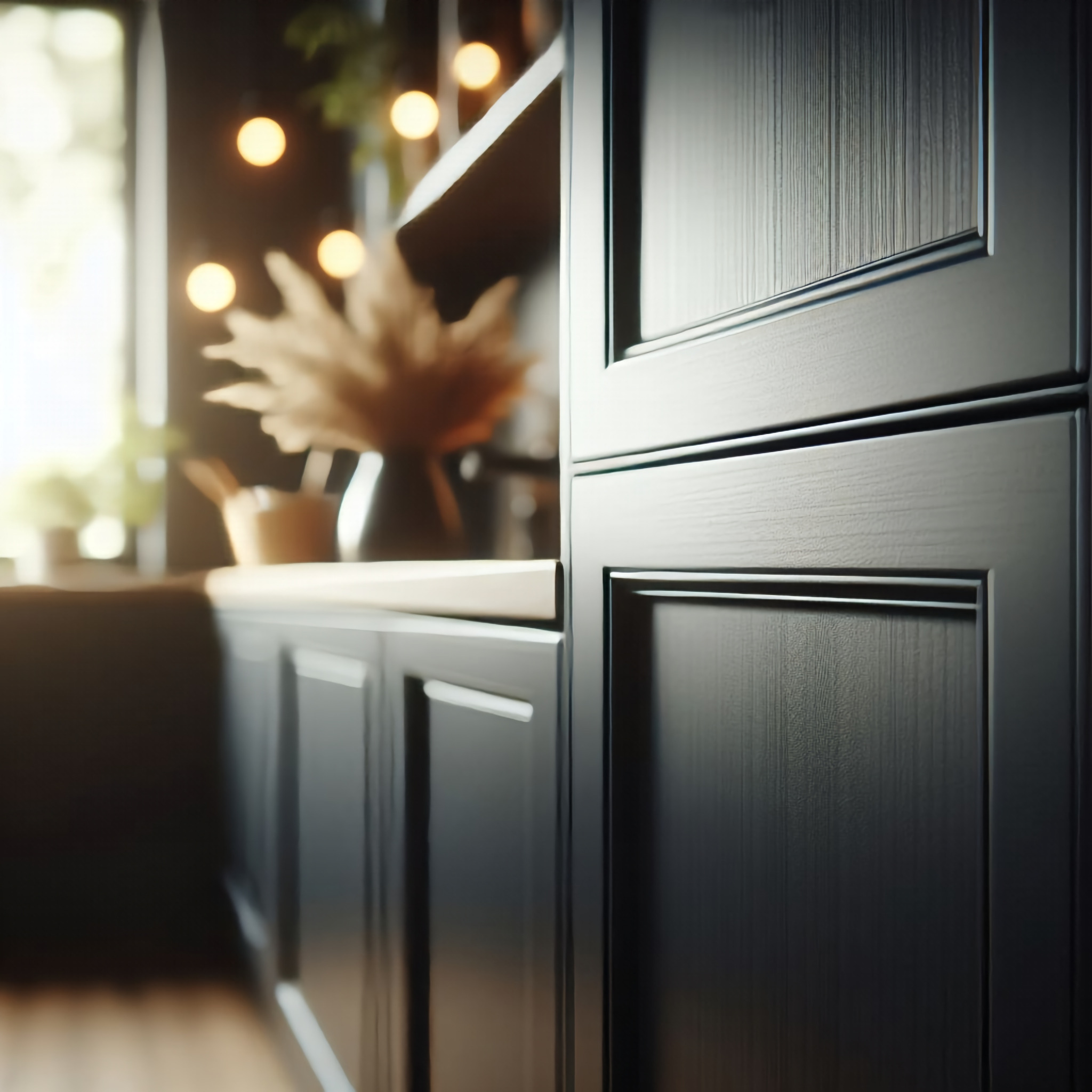 Fragment ciemnej zabudowy kuchennej z widoczną fakturą drewna na frontach szafek, w tle dekoracje i oświetlenie.