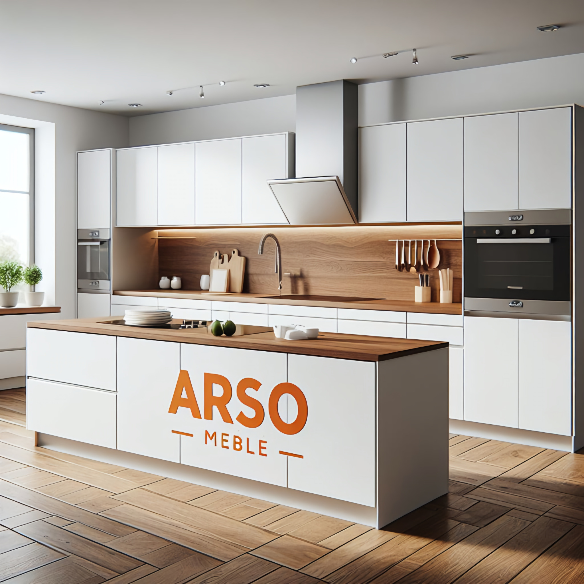 Nowoczesna kuchnia z białymi frontami i drewnianym blatem, wyspa kuchenna z pomarańczowym logo 'ARSO MEBLE', drewniana podłoga w jodełkę, oświetlenie punktowe.