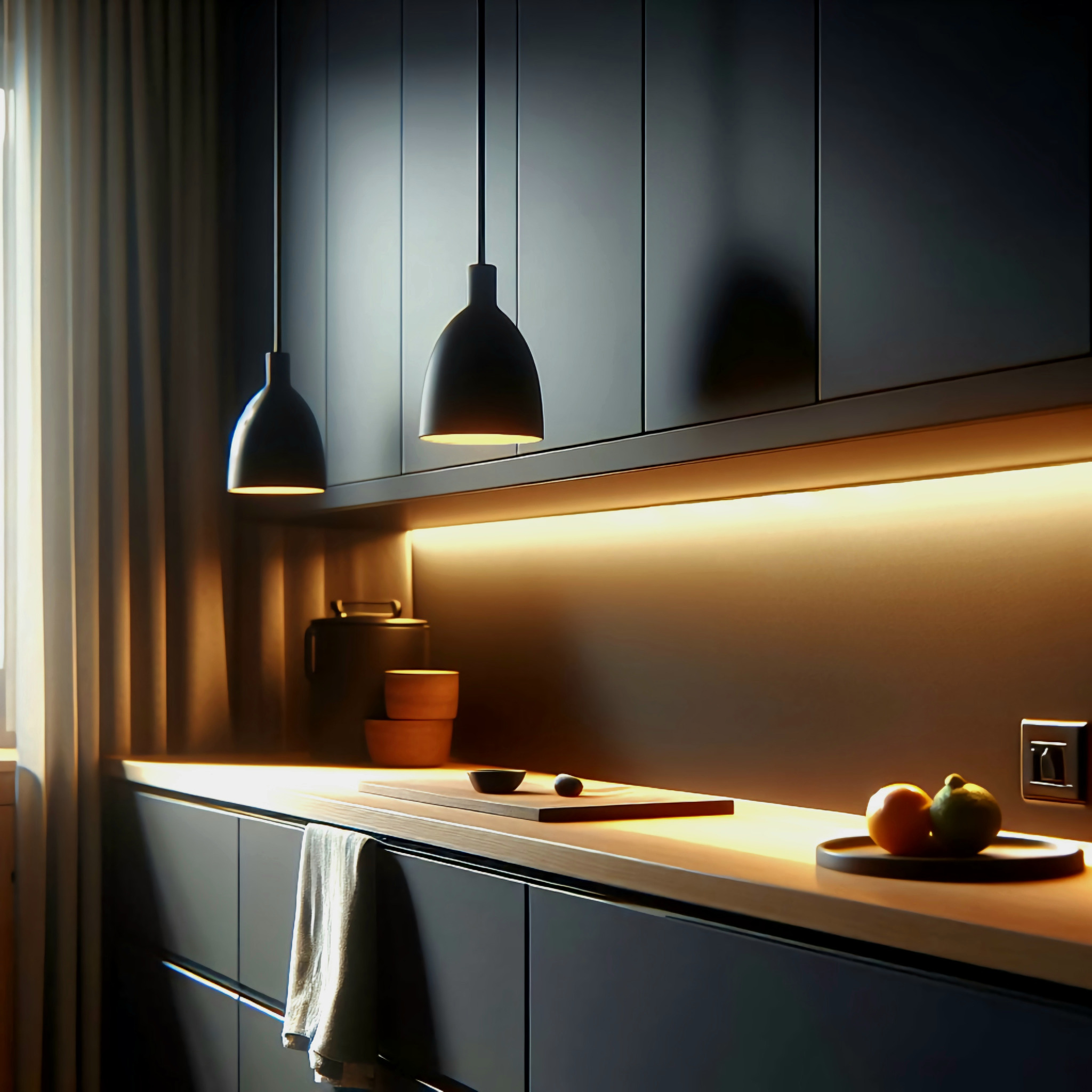 Nowoczesna, minimalistyczna kuchnia z ciemnymi, gładkimi frontami szafek, podświetleniem LED pod szafkami wiszącymi, drewnianym blatem, owocami na tacy i wiszącymi lampami.