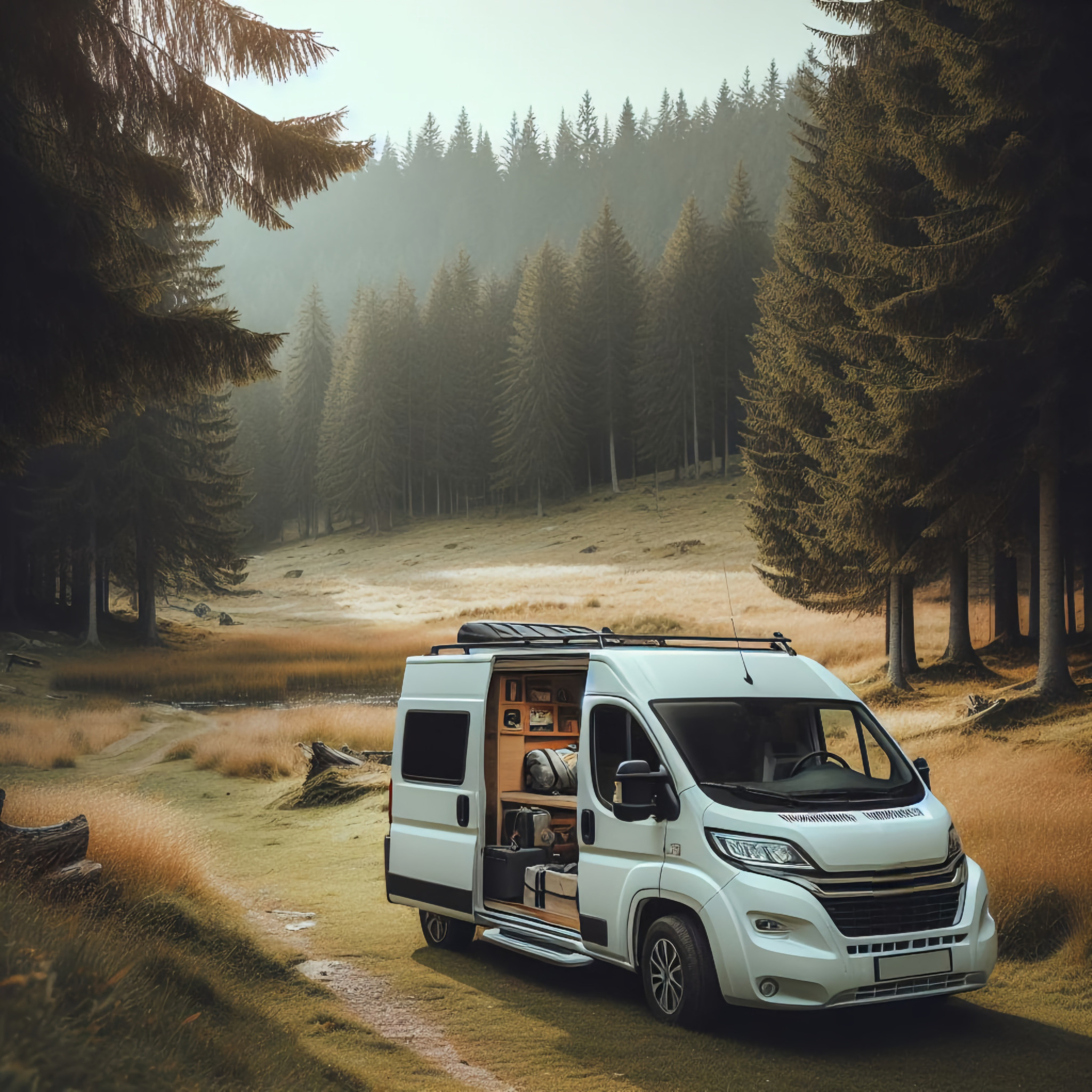 Biały van z otwartymi drzwiami bocznymi, ukazujący wnętrze z półkami i bagażami, zaparkowany na leśnej polanie z widokiem na drzewa.