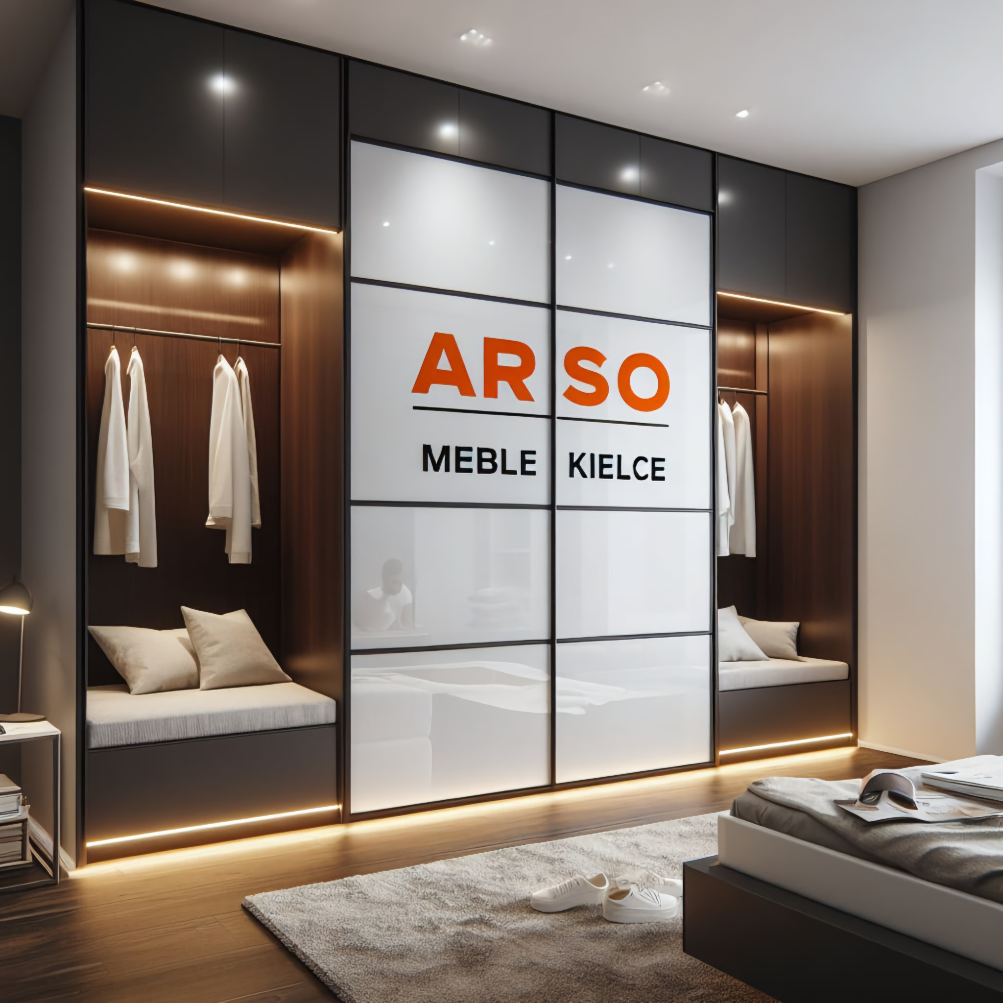 Nowoczesna szafa wnękowa z przesuwnymi, białymi drzwiami, oświetleniem LED i wbudowanymi siedziskami z poduszkami; na drzwiach logo firmy 'ARSO Meble Kielce'.