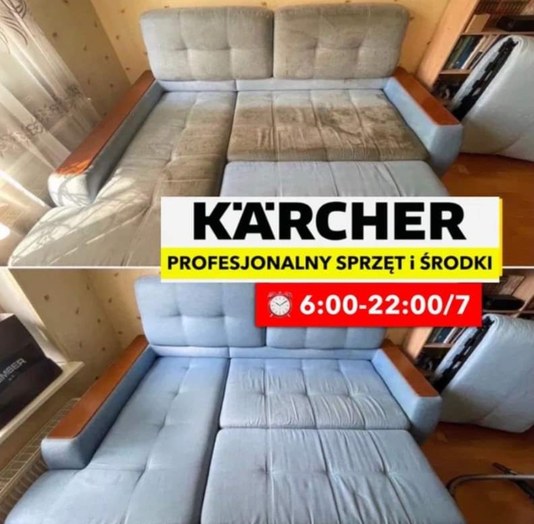 Dwuczęściowe zdjęcie sofy w Grudziądzu: górna część pokazuje sofę przed czyszczeniem z widocznymi plamami, dolna część prezentuje sofę po profesjonalnym czyszczeniu, odświeżoną i bez plam, z logo...