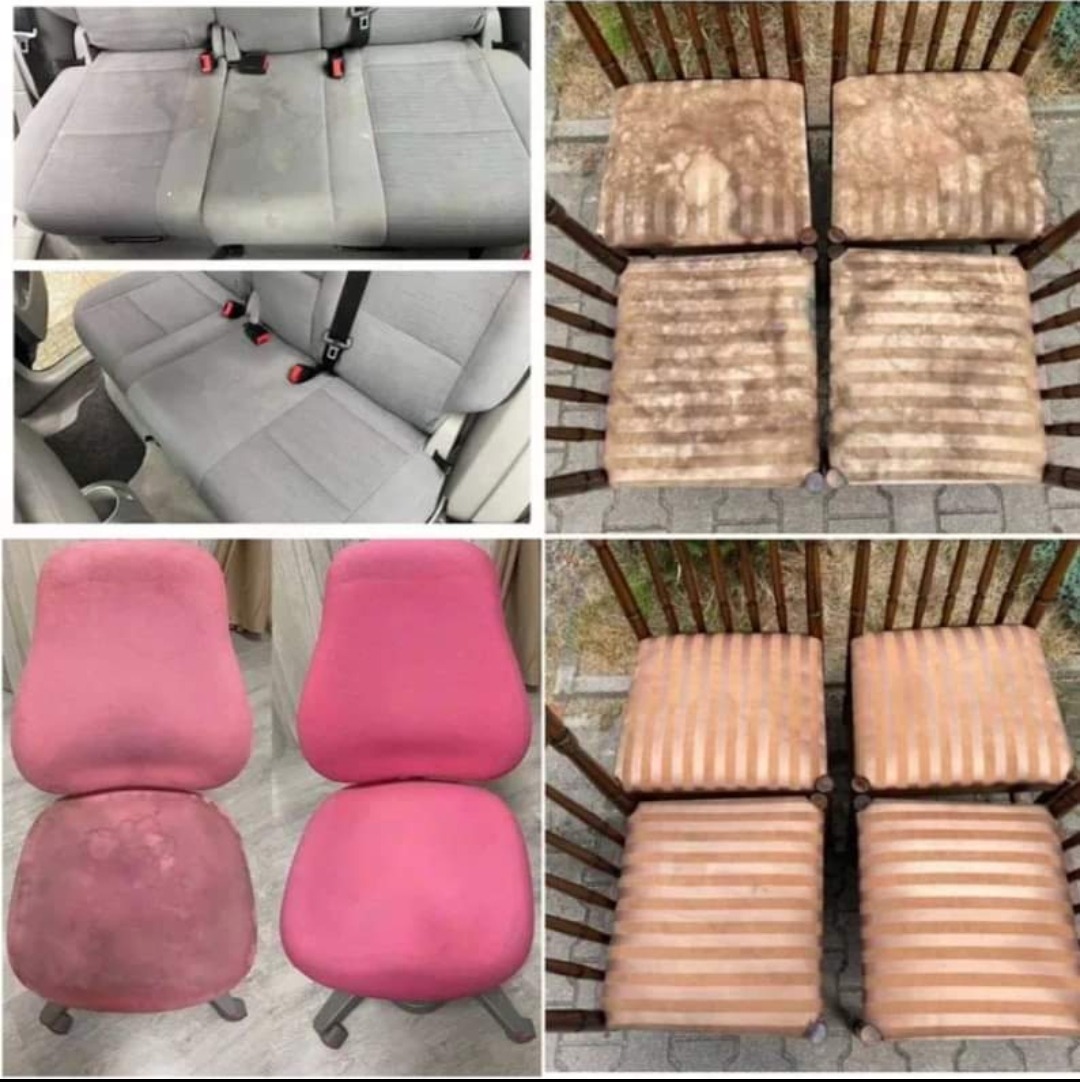 Kolaż przedstawiający efekt prania tapicerki: szare fotele samochodowe, krzesła z drewnianą ramą i krzesła biurowe w kolorze różowym, widoczne różnice przed i po czyszczeniu.