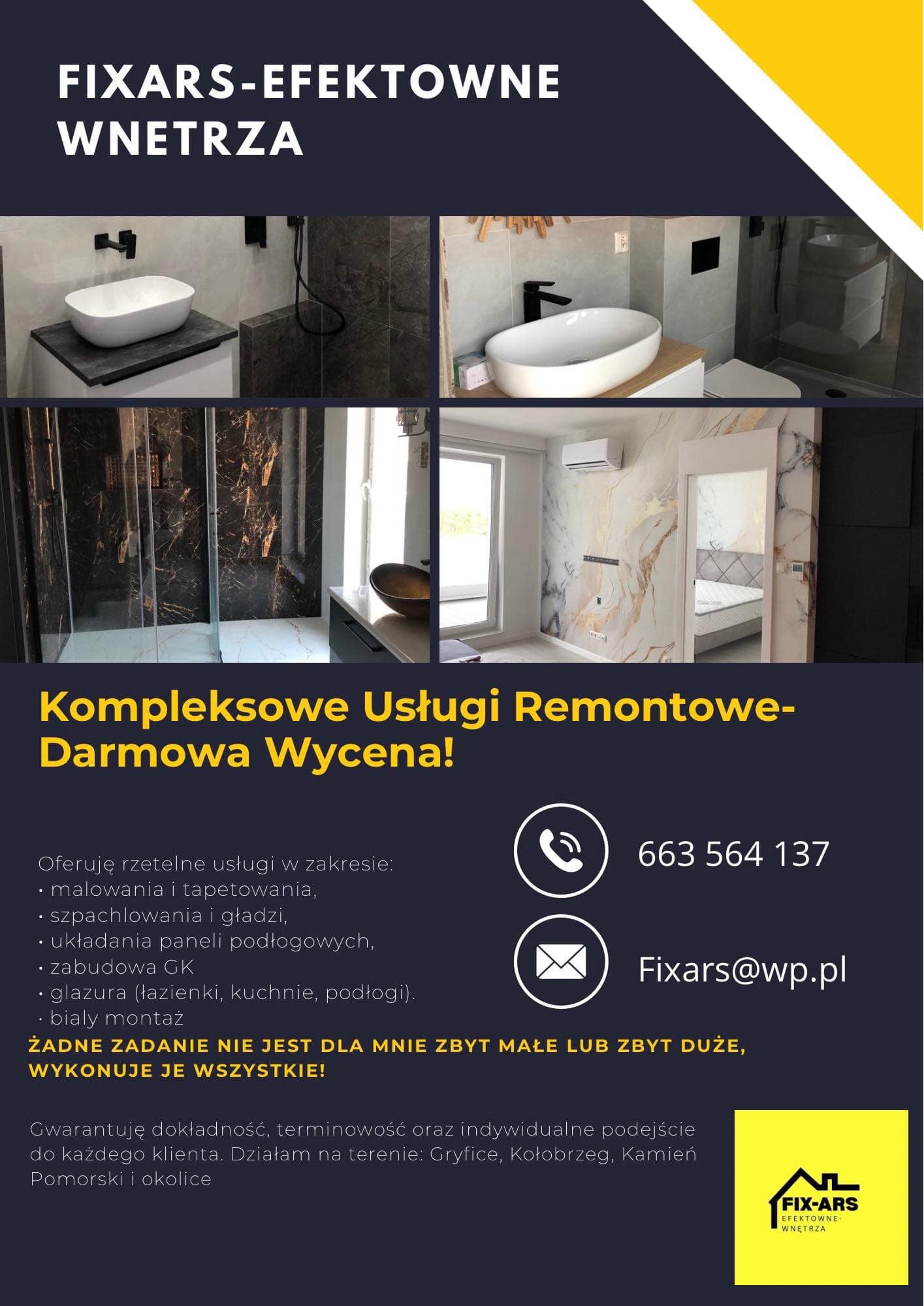 Kolaż z łazienek po remoncie: umywalki nablatowe, kabina prysznicowa z czarnymi elementami, marmurowe wykończenia. Reklama firmy remontowej.