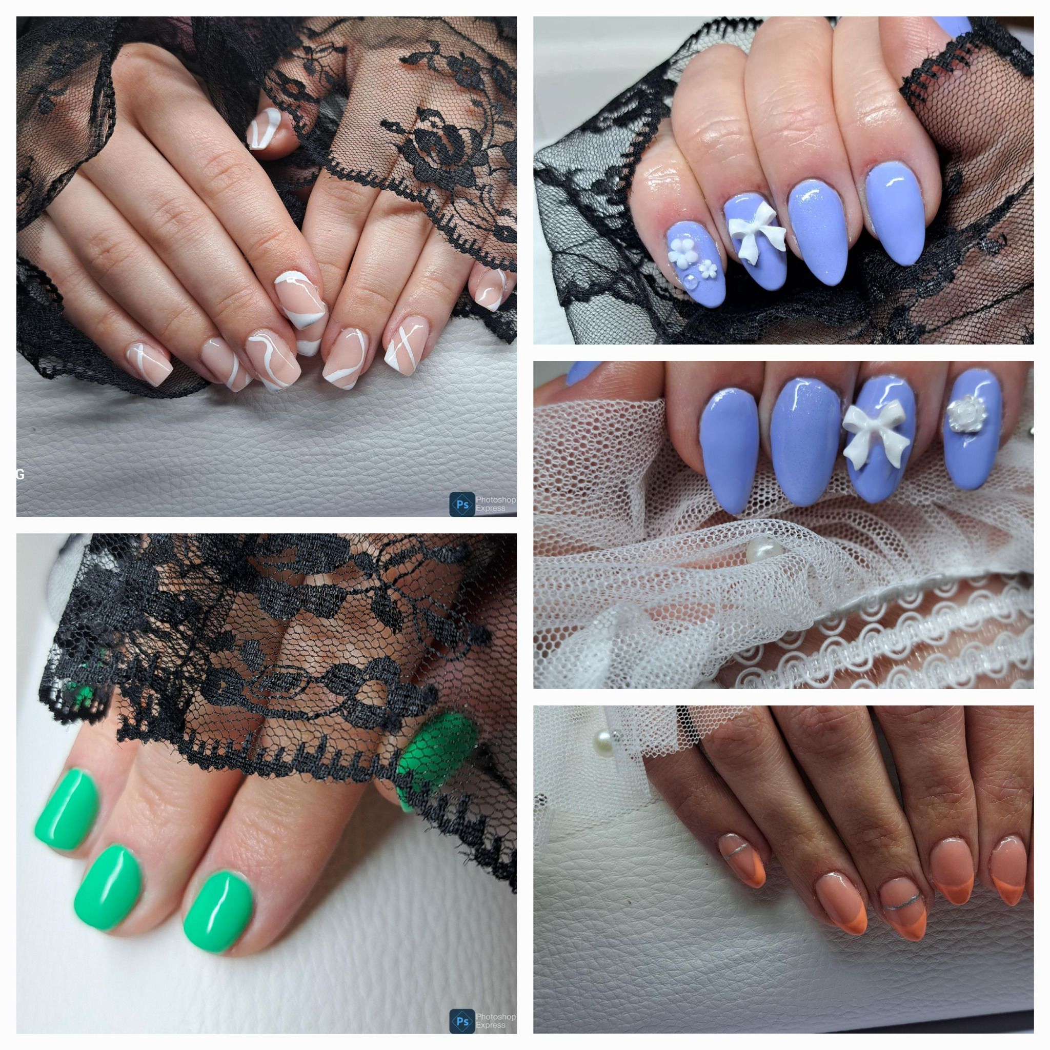 Kolaż zdjęć dłoni z różnymi stylizacjami paznokci: białe abstrakcyjne wzory na beżowym tle, pastelowe fioletowe paznokcie z trójwymiarowymi kokardkami i kwiatami, neonowe zielone paznokcie...