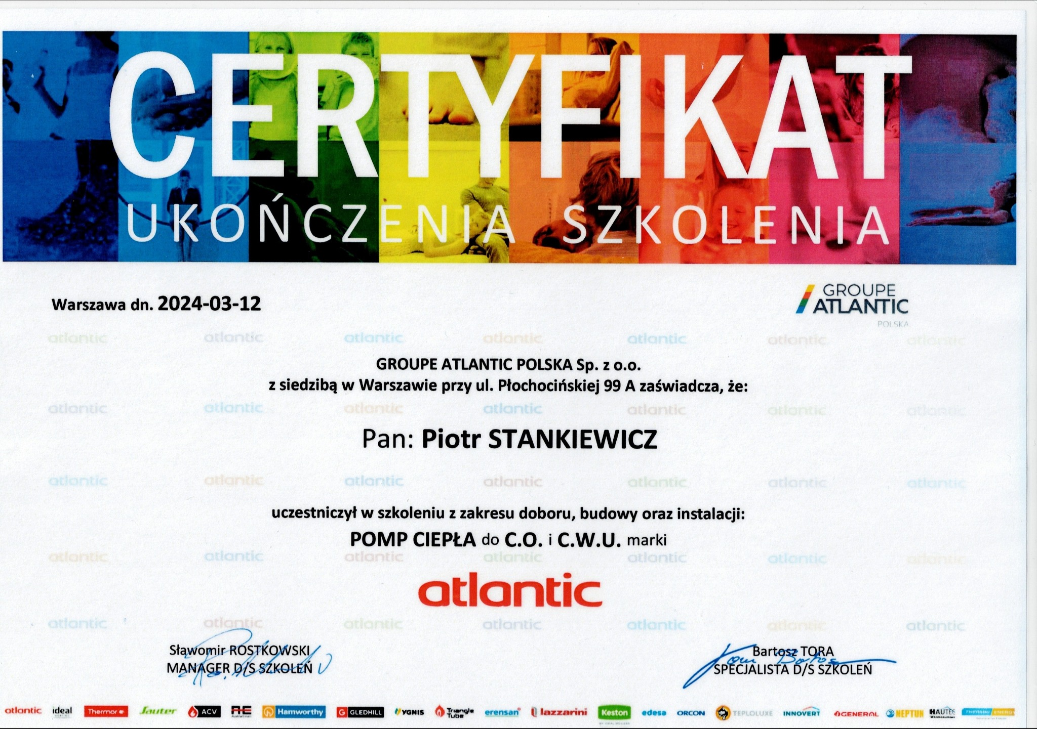 Certyfikat ukończenia szkolenia z zakresu doboru, budowy i instalacji pomp ciepła marki Atlantic, wydany przez Groupe Atlantic Polska Sp. z o.o. dla Pana Piotra Stankiewicza, datowany na 2024-03-12.