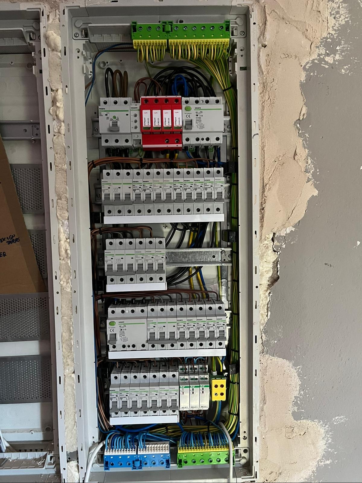 Otwarta skrzynka elektryczna z zamontowanymi bezpiecznikami, różnicówkami i listwami zaciskowymi, widoczne kable i przewody, ściana obok w stanie surowym.
