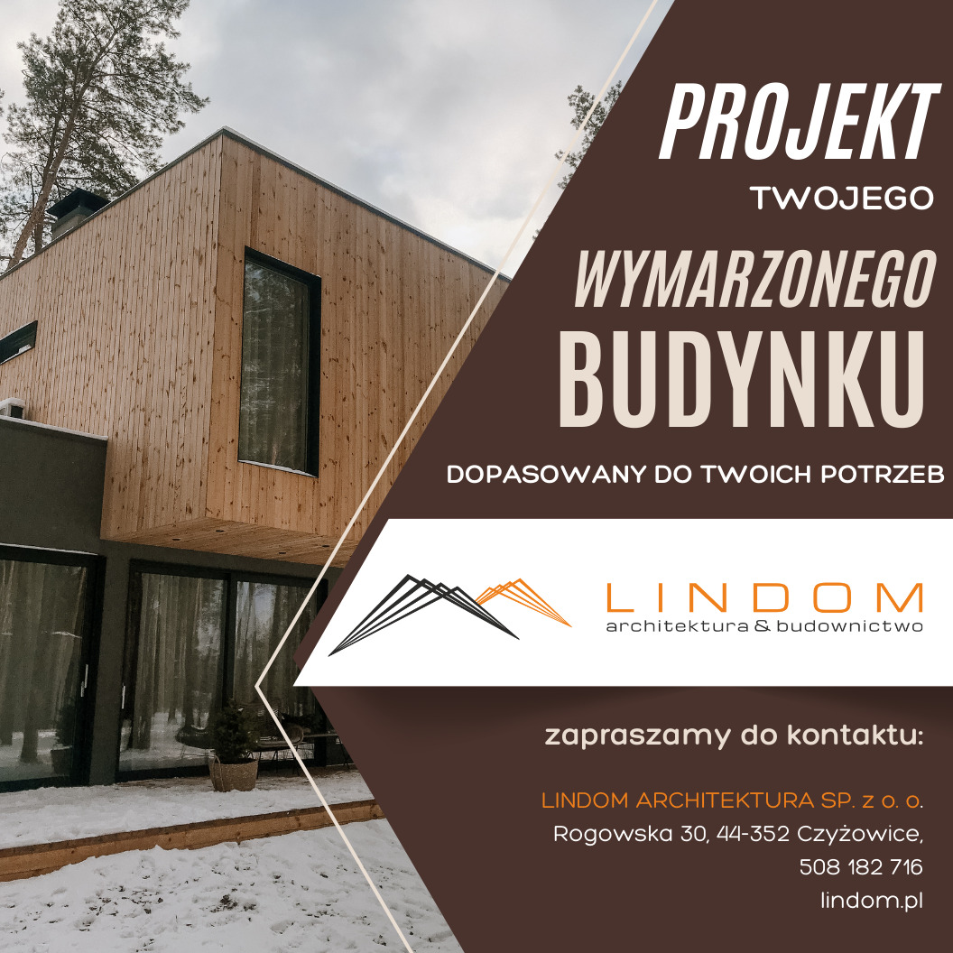 Wizualizacja projektu nowoczesnego domu z elewacją z jasnego drewna, częściowo zasypanego śniegiem, na tle pochmurnego nieba, z elementami graficznymi i tekstem reklamowym firmy Lindom Architektura.