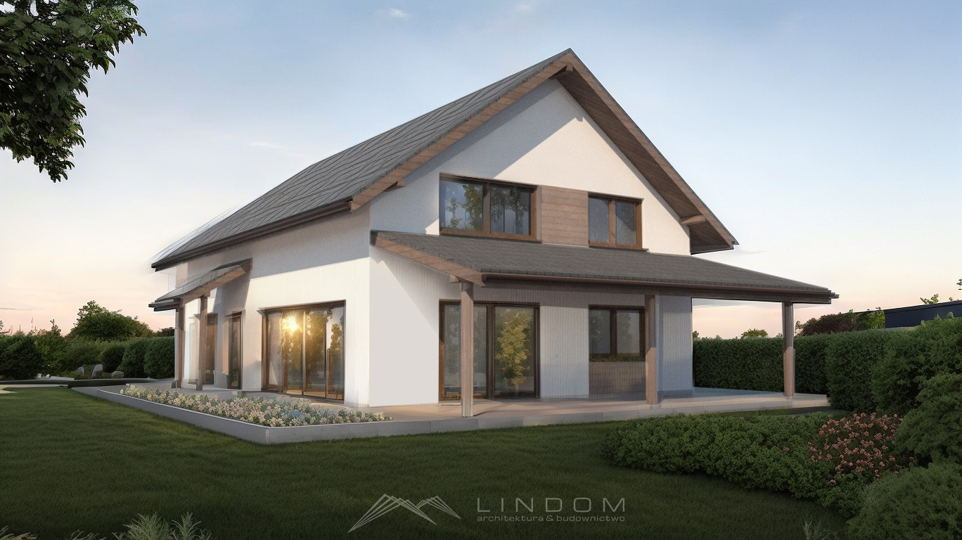 Wizualizacja projektu domu jednorodzinnego z dwuspadowym dachem, jasną elewacją z drewnianymi akcentami i zadaszonym tarasem, otoczony zielonym trawnikiem i niską roślinnością.