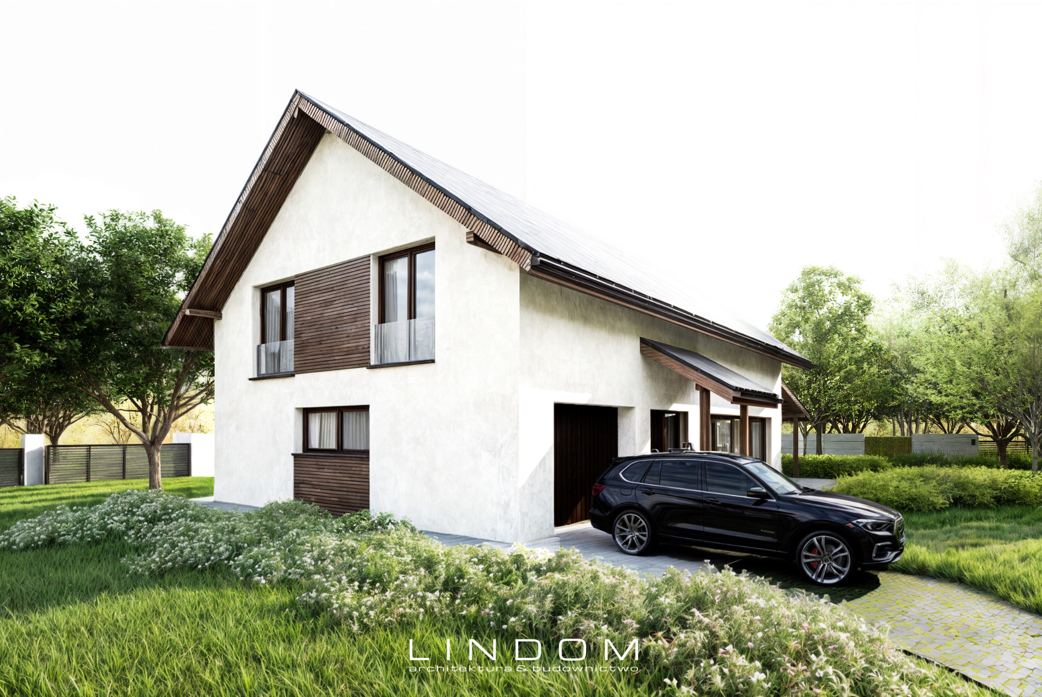 Dom jednorodzinny z poddaszem użytkowym i antresolą. Garaż jednostanowiskowy. Zadaszenie tarasu. Dach dwuspadowy