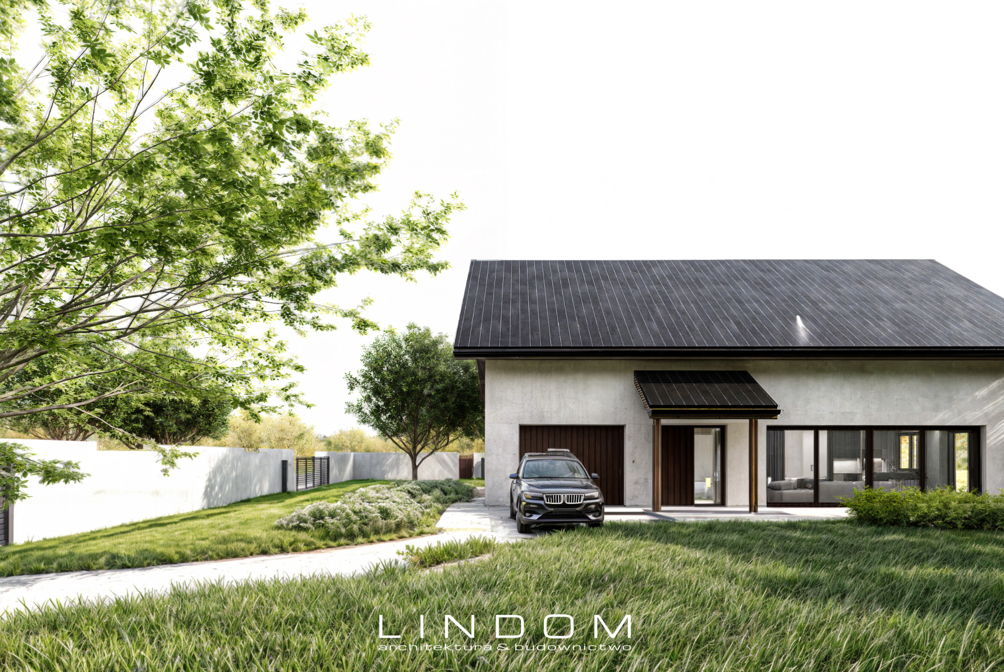 Wizualizacja nowoczesnego domu jednorodzinnego z garażem jednostanowiskowym, dachem dwuspadowym pokrytym panelami, z samochodem na podjeździe i bujną zielenią wokół.