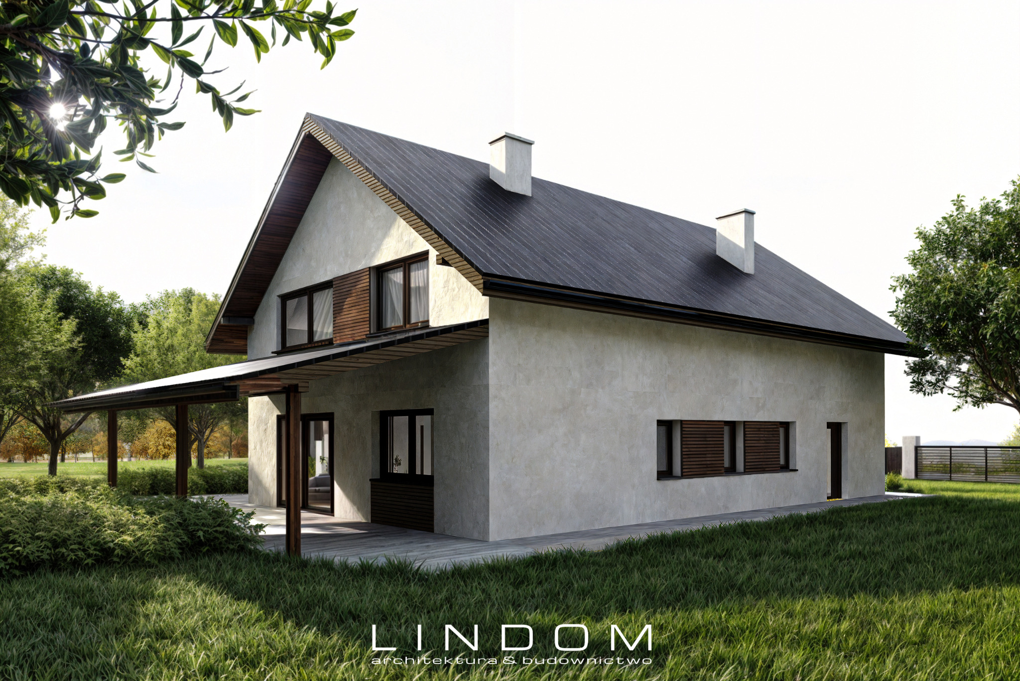 Wizualizacja domu jednorodzinnego z poddaszem użytkowym, zadaszonym tarasem i jednostanowiskowym garażem, dach dwuspadowy, elewacja w odcieniach szarości, otoczenie zieleni.