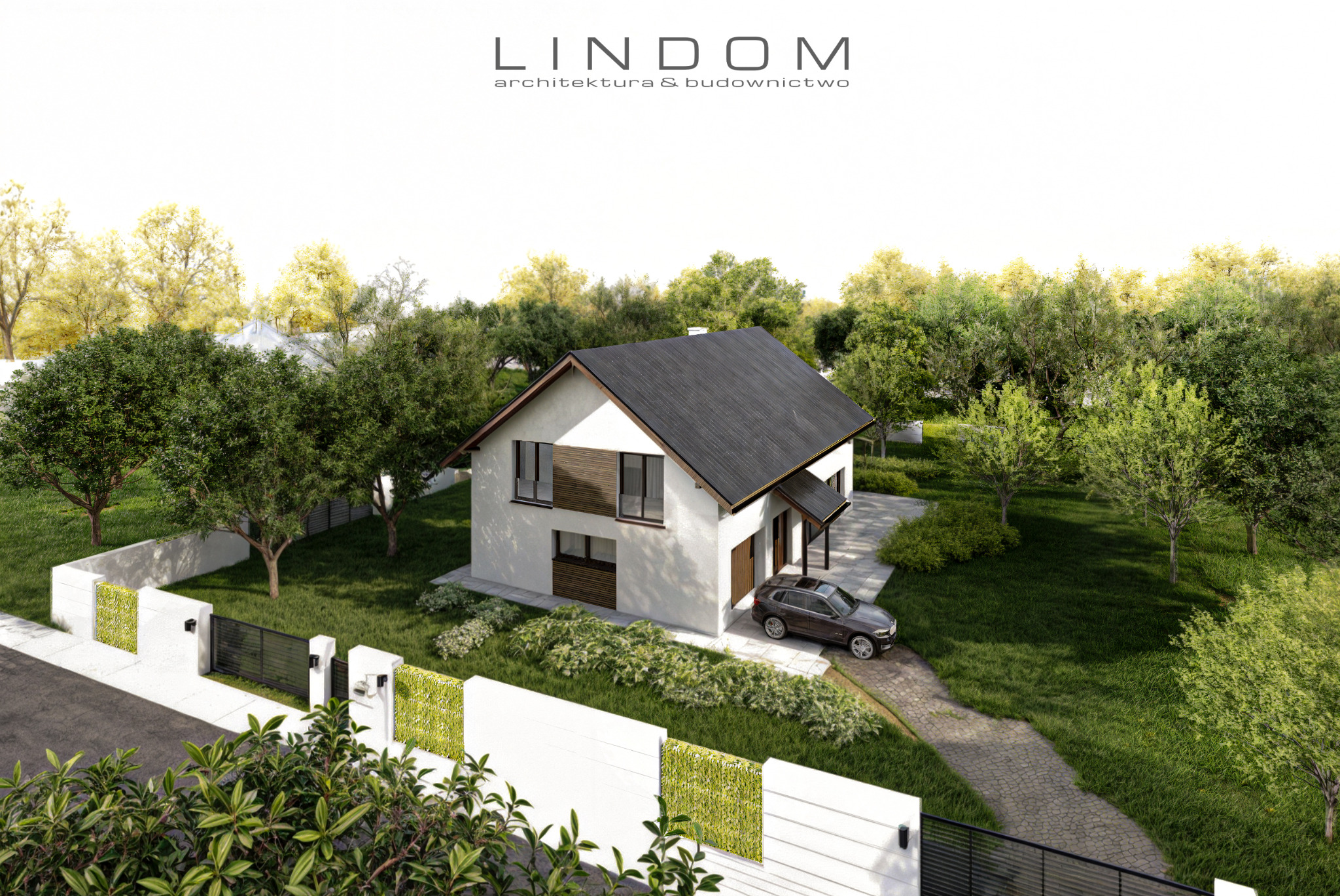 Wizualizacja domu jednorodzinnego z poddaszem użytkowym, dwuspadowym dachem i garażem jednostanowiskowym, widziana z lotu ptaka, z zaparkowanym samochodem osobowym na podjeździe. Zadaszony taras.