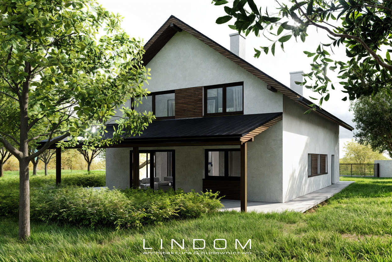 Wizualizacja domu jednorodzinnego z poddaszem użytkowym, garażem jednostanowiskowym i zadaszonym tarasem, dach dwuspadowy, elewacja w odcieniach bieli, widok z ogrodu.