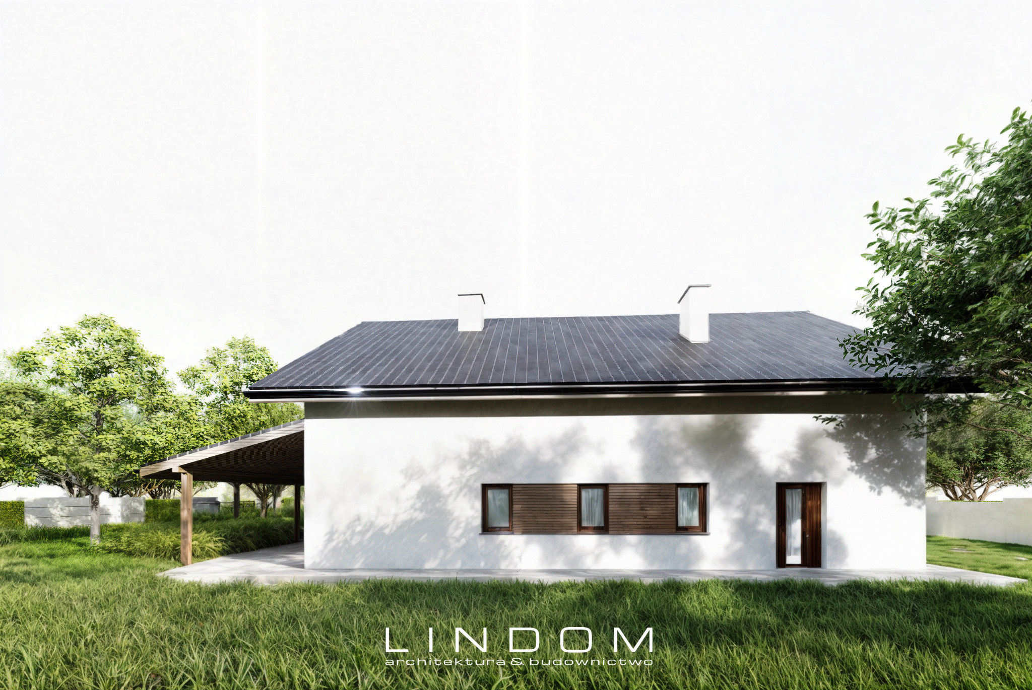 Wizualizacja domu jednorodzinnego z dachem dwuspadowym i zadaszonym tarasem, widok z boku na białą elewację z drewnianymi oknami i drzwiami, otoczenie zieleni.